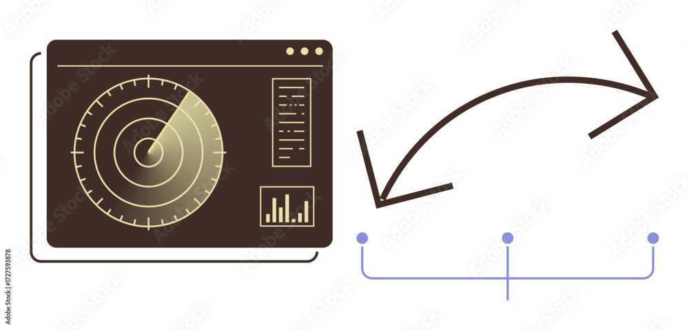 Poster radar interface with scanning grid, data analysis chart, connected nodes, and flow arrows. ideal for