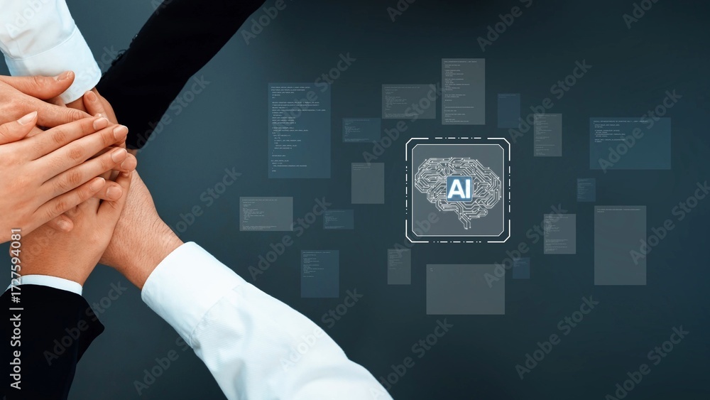 Poster unified hands symbolize support for artificial intelligence in a digital environment, reflecting col