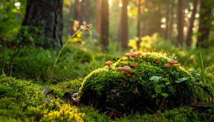 Fototapeta premium Sunlit forest scene with moss-covered rock and small mushrooms