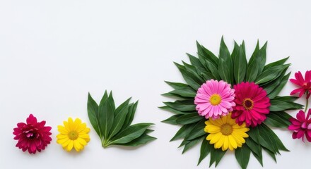 Colorful gerbera daisies and green leaves arranged in a decorative pattern isolated on white background