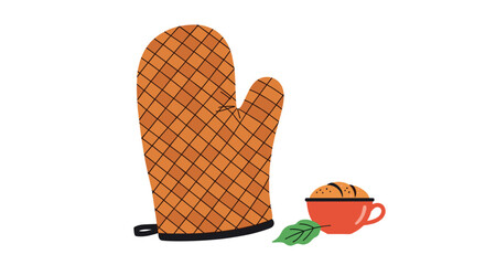 An orange oven mitt rests next to a small cup of food.