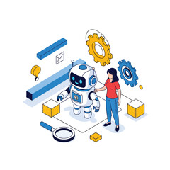 Vector art of isometric illustration of a woman interacting with a robot, surrounded by gears, cubes, and a magnifying glass generative ai
