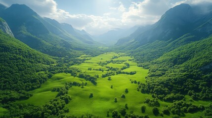 Vast Lush Green Valley Surrounded by Majestic Mountains Under a Cloudy Sky
