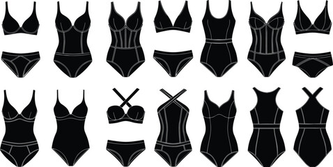 Women's lingerie silhouettes, bikini vector set, sexy swimwear icons, fashion underwear collection, black outline garments, minimal style, commercial design
