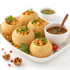 Delicious pani puri served on a white plate isolated on white background