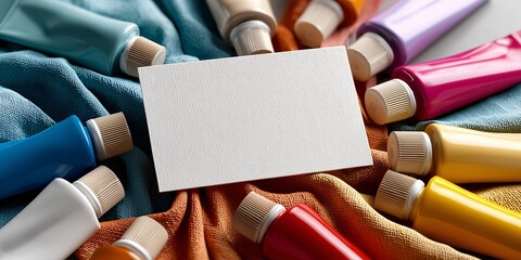 A flat lay of a blank gift card with a woven fabric texture (like canvas), placed on a background of clean, colorful paint tubes