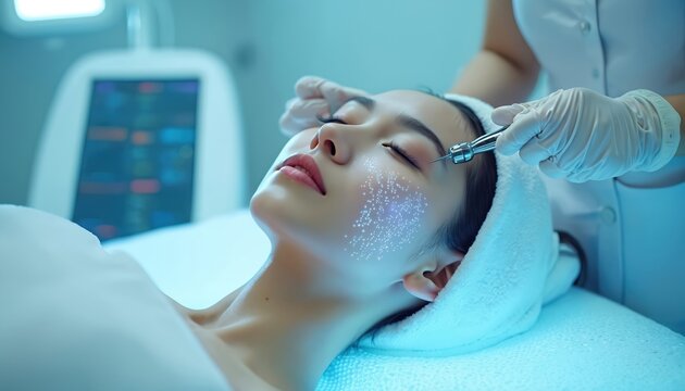 Woman receives futuristic facial rejuvenation treatment with glowing digital analysis overlay. Beauty tech in modern spa for skin wellness and anti-aging.