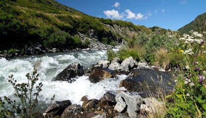 Rushing river with rocks flows downhill through a mountain meadow under blue skies