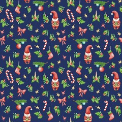 Seamless Christmas pattern with watercolor Santa gnomes, holly leaves, berries, gifts, stockings, stars, bows, candy canes on dark blue. Ideal for fabric, wrapping paper, cards, decoration, card