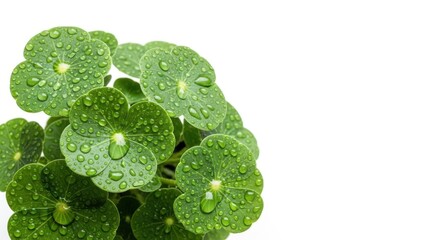 Closeup of green leaves with water droplets isolated on white background