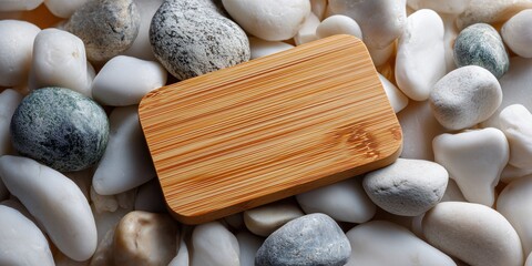 a blank wooden gift card (like bamboo), placed on a bed of small, smooth white river stones