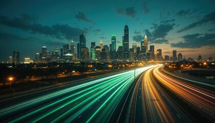 Fototapeta premium Abstract Car Light Streaks Flowing Into a Dazzling Skyline