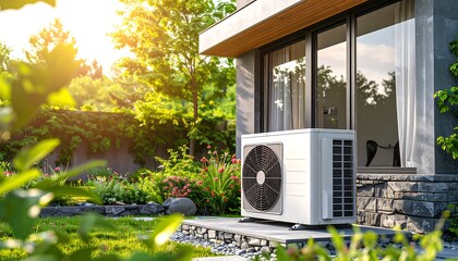 White AC unit sits outside modern house with stone foundation and green foliage