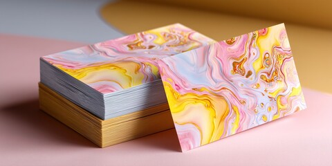 A beautiful mockup of a blank gift card with a pastel yellow and pink abstract watercolor design, resting on a stack of art paper
