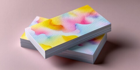 A beautiful mockup of a blank gift card with a pastel yellow and pink abstract watercolor design, resting on a stack of art paper