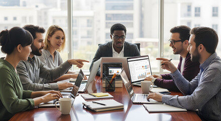 Diverse team collaborating around a conference table analyzing data and charts on laptops in a bright modern office setting