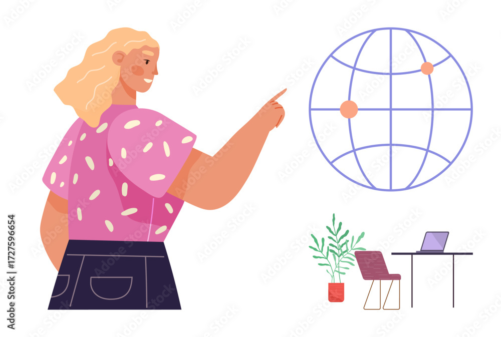 Poster woman pointing at globe with connection points, symbolizing networking or global focus. nearby works