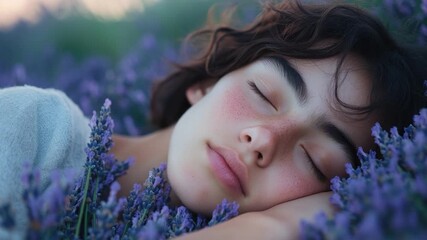 A young woman relaxes in a field of colorful flowers, perfect for use in a scene about peace and serenity