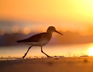 Bird walking on beach at sunset
