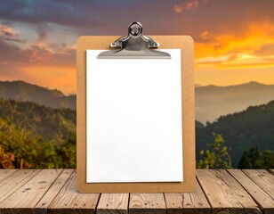 Clipboard with blank paper on wooden table, scenic background