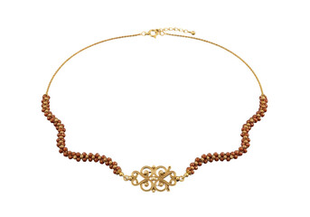 Elegant antique gold necklace with intricate filigree centerpiece and red beads isolated on transparent background