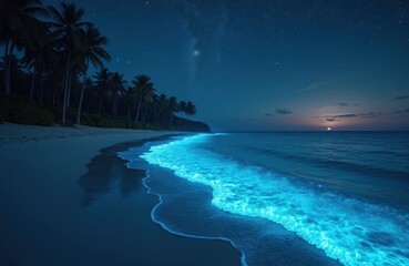 Obraz premium Beach with glowing blue waves at night under starry sky. Palm trees line sandy shore, ocean glows with bioluminescence. Calm tropical paradise evening.
