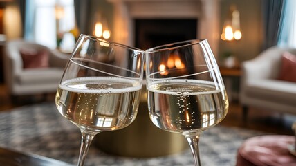 Two glasses of champagne clinking in front of a cozy fireplace, celebrating a special occasion.