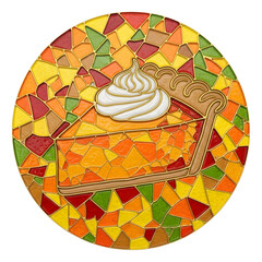 Circular stained glass mosaic of a slice of pumpkin pie topped with whipped cream, set against vibrant autumn colors in orange, yellow, green and red