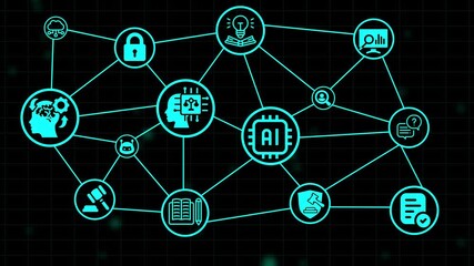 A network of interconnected ai icons glows red against a black backdrop, symbolizing artificial intelligence, machine learning, and the future of technology - Powered by Adobe