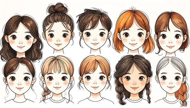 Ten cartoon girl head illustrations, each with a different hairstyle and skin tone