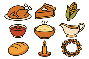 Collection of thanksgiving holiday food and decorations on white background