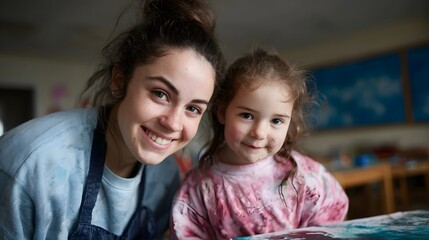A smiling young woman and a young girl looking at the in an art classroom
