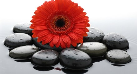 Red gerbera daisy flower on wet spa stones in water, isolated on white background