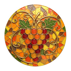 Circular stained glass mosaic featuring a bunch of red and golden grapes with green leaves and swirling vines in warm autumn colors