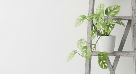 Monstera adansonii plant in a white pot on a rustic ladder against a white background