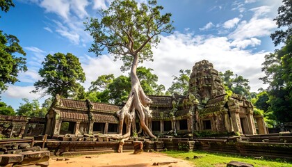 Ancient stone temple overtaken by trees under a cloudy sky in a lush landscape