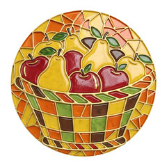 Stained Glass Basket of Apples and Pears in Autumn Colors
