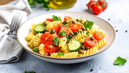 Vibrant pasta dish with tomatoes, cucumber, capers, and parsley in a white bowl
