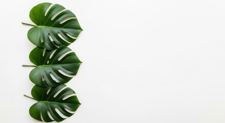 Four green monstera deliciosa leaves arranged vertically isolated on white background
