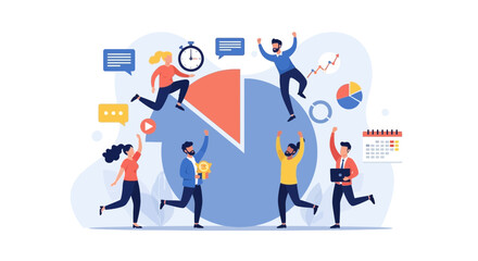 A diverse team of professionals celebrates a successful project completion with energetic gestures and data visualization elements