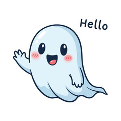 Cute cartoon ghost waving hello isolated on white background