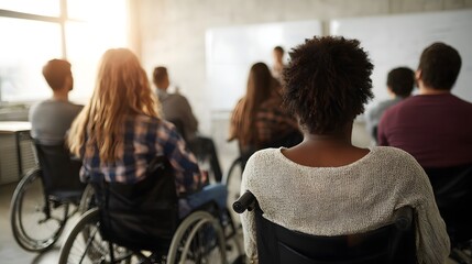 Diverse group of students in wheelchairs attending an inclusive educational seminar in a bright classroom