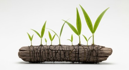 Young green sprouts growing from a piece of wood, isolated on white background