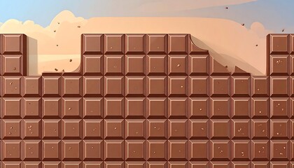 An illustrated wall of chocolate blocks against a sky background