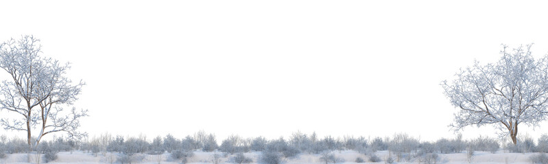 3D render panoramic view of mountains in winter on a transparent background.	