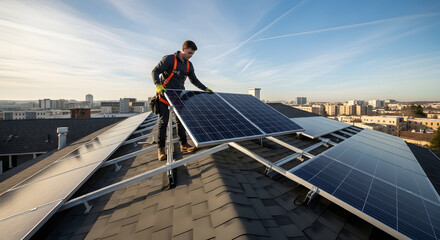 Rooftop Solar Panel Installation : A worker secures a solar panel on a building roof against a cityscape demonstrating sustainable energy solutions