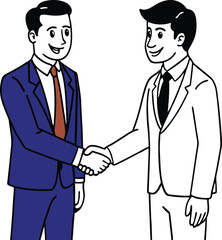 Two smiling businessmen in suits shaking hands to symbolize agreement partnership or a successful business deal collaboration