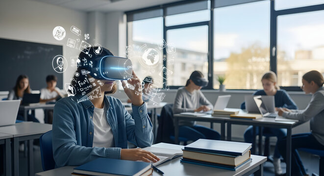 Students immersed in virtual learning with VR headsets Exploring educational content enhancing focus in a tech - driven classroom