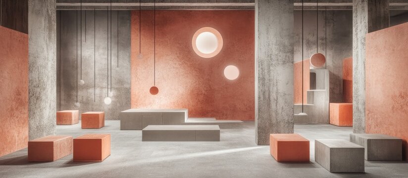 Serene industrial interior: textured terracotta walls, raw concrete, geometric lights, and minimalist block forms.