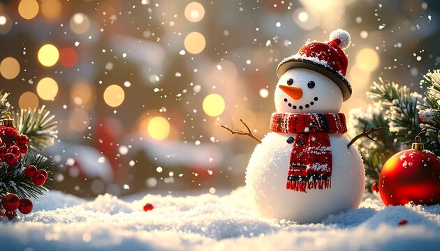 A cheerful snowman, adorned with a red hat and scarf, stands in fresh snow amidst a festive, glowing bokeh backdrop